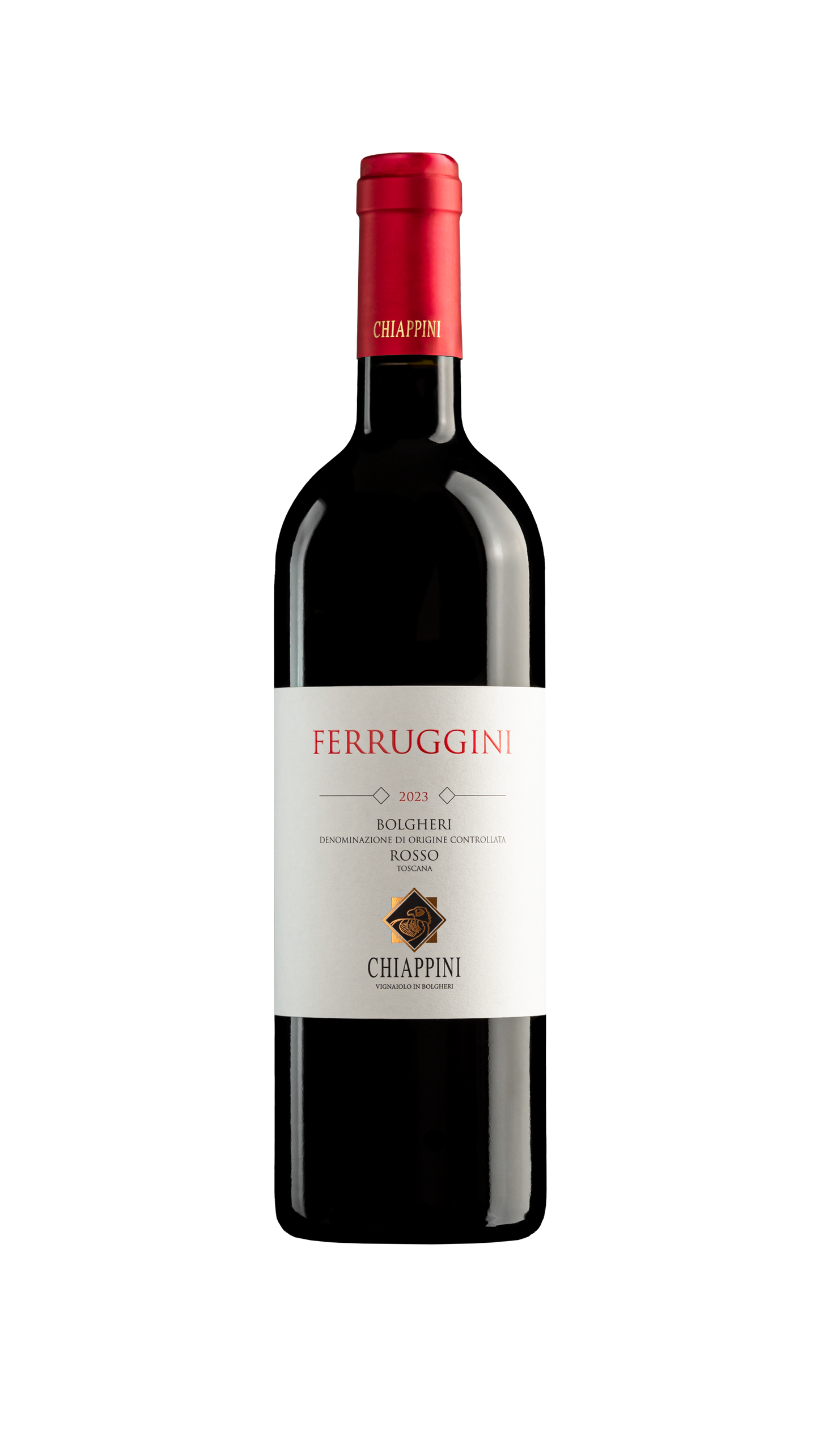 Een fles Ferruggini van Chiappini uit Bolgheri