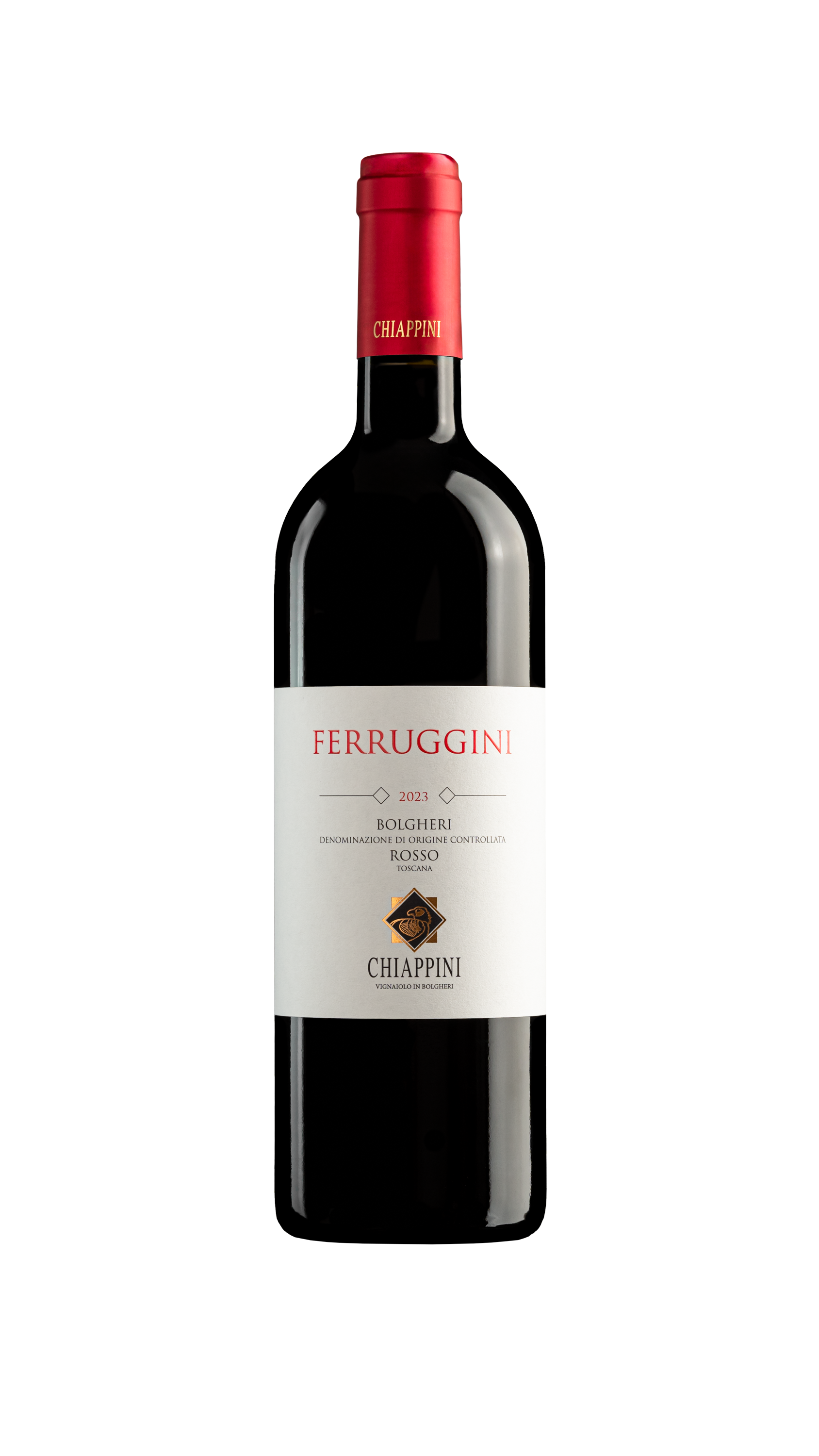 Een fles Ferruggini van Chiappini uit Bolgheri