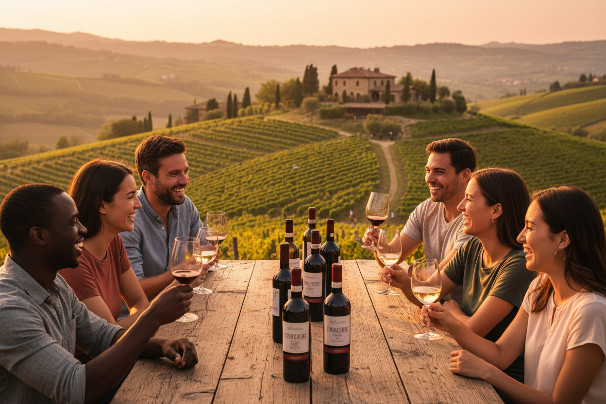 Diverse group enjoying wine at Italian winery table
