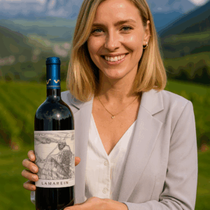 Blonde vrouw houdt een fles Lamarein van Mayr-Unterganzner vast met de Dolomieten en wijngaarden van Alto Adige op de achtergrond.